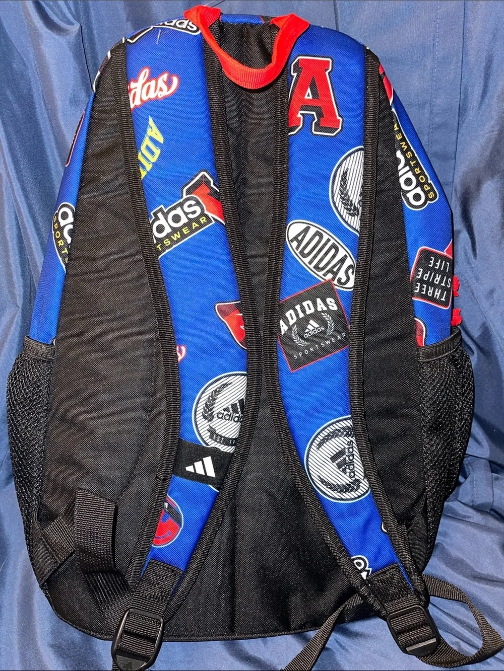 adidas Blue Graphic Logo Backpack with White Stripes